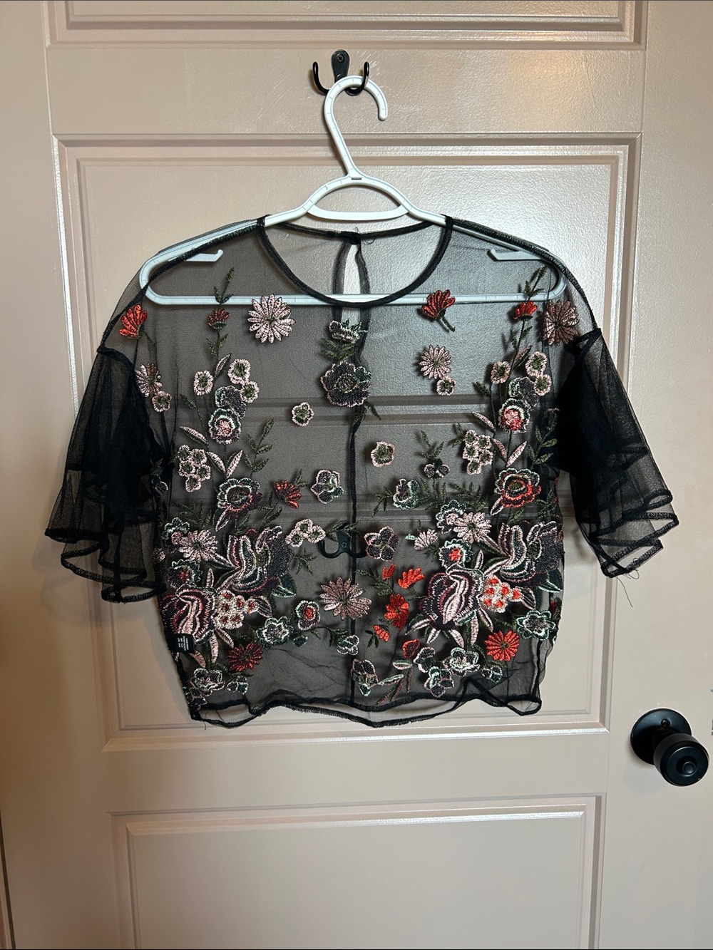 Sheer Black Floral Embroidered Crop Top